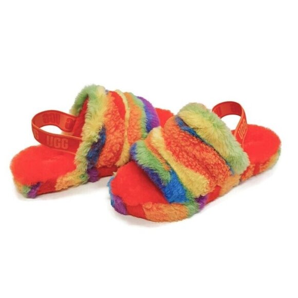 UGG Fluff Yeah Slide Cali Collage Backstrap Slippers Big Kids 4 Rainbow Stripes - Picture 6 of 8